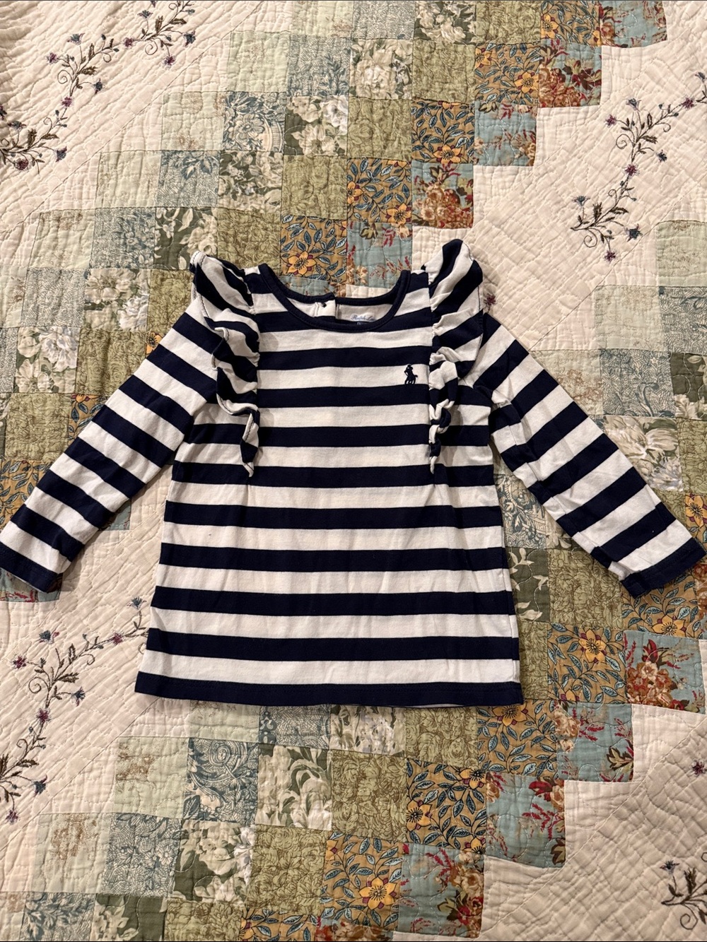 Polo by Ralph Lauren Navy & White Striped Ruffle Long Sleeve Top